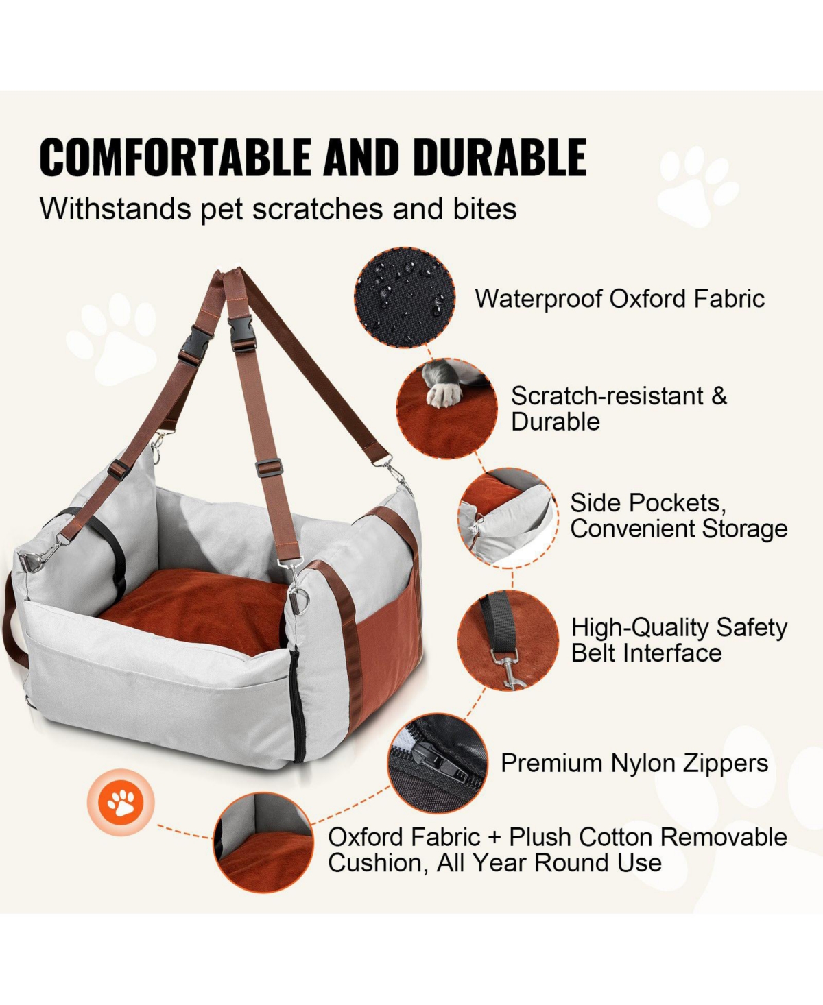 Cozito Waterproof Dog Car Booster Seat w/ Side Handles, Storage Pocket & Safety Leash, Pp Cotton Fill, Small Dog Car Bed up to 25 lb