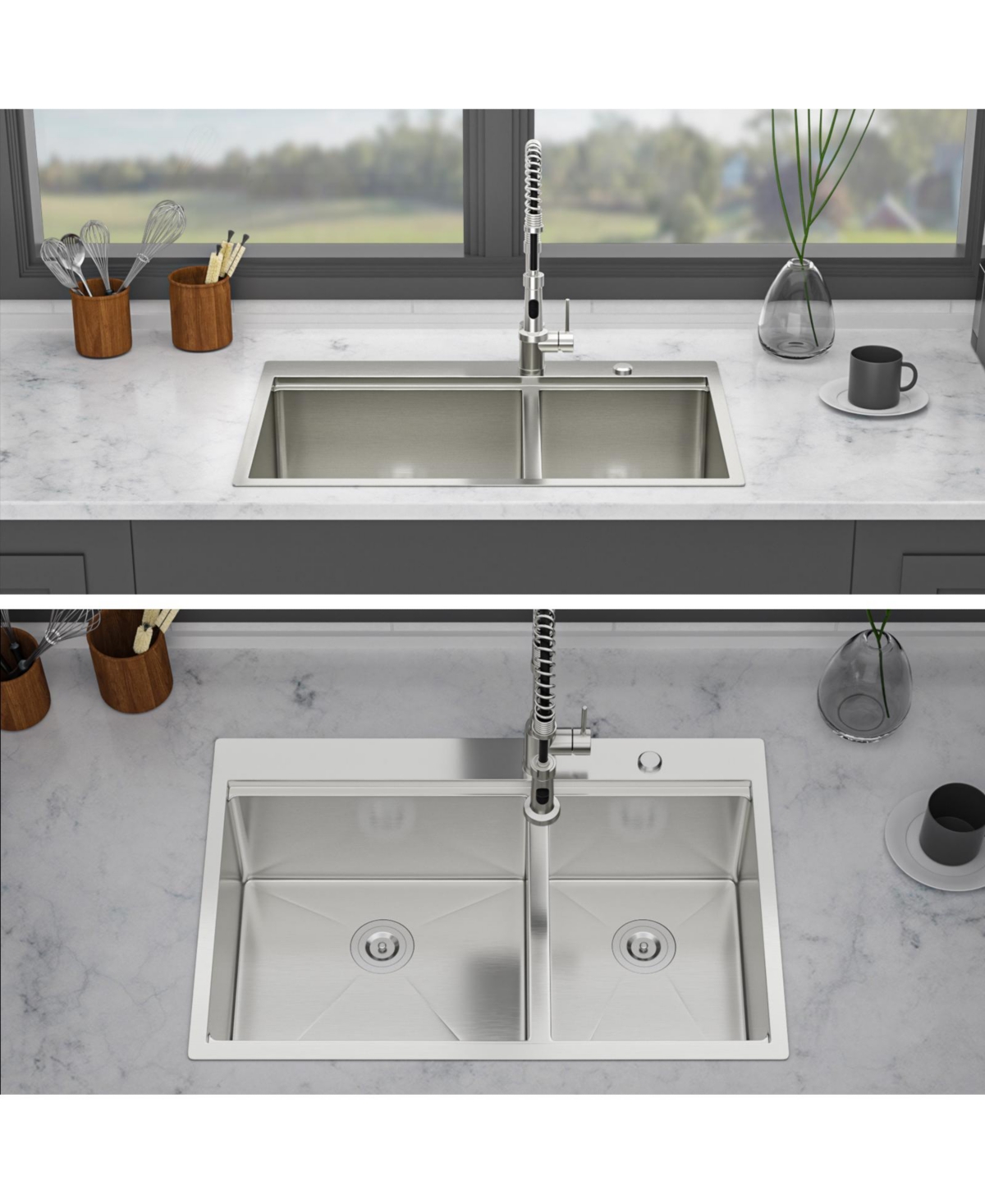 flynama 33x22x10inch Topmount Double Bowl Kitchen Sink 16 Gauge 60 and 40 Split Brushed Nickel