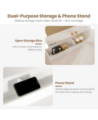 Makeup Table with Mirror, LED Bulbs and Power Outlet Vanity Desk with 3 Drawers and Storage Shelves Dressing Table for Bedroom Dressing Room