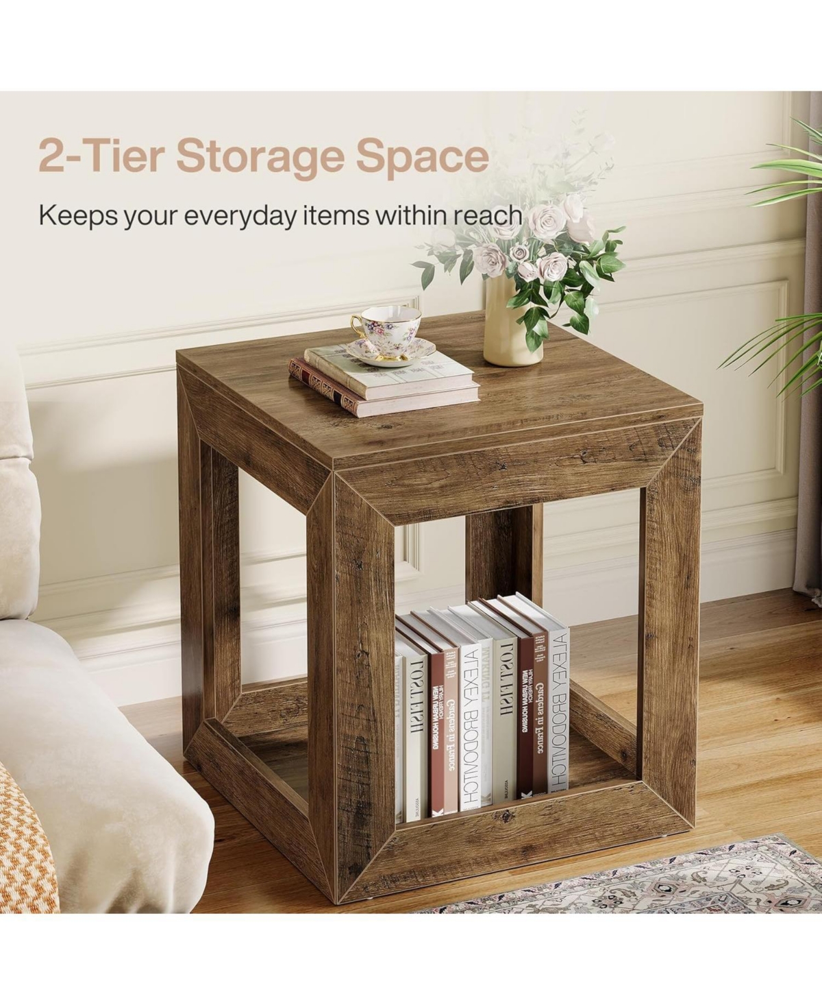 Tribesigns Farmhouse End Table Set of 2, 20" Large Square Side Table with Storage Shelf, Rustic Wood Nightstand for Bedroom, Living Room, and Off