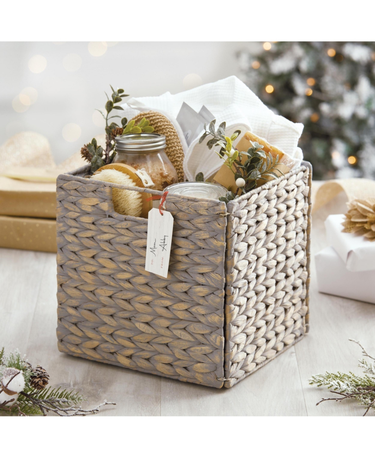 Hyacinth Woven Cube Bin Basket Organizer, Handles, 6 Pack, Gray Wash