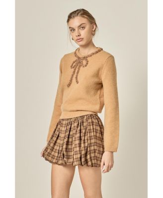 Women's Sheer Floral Bow Trim Sweater