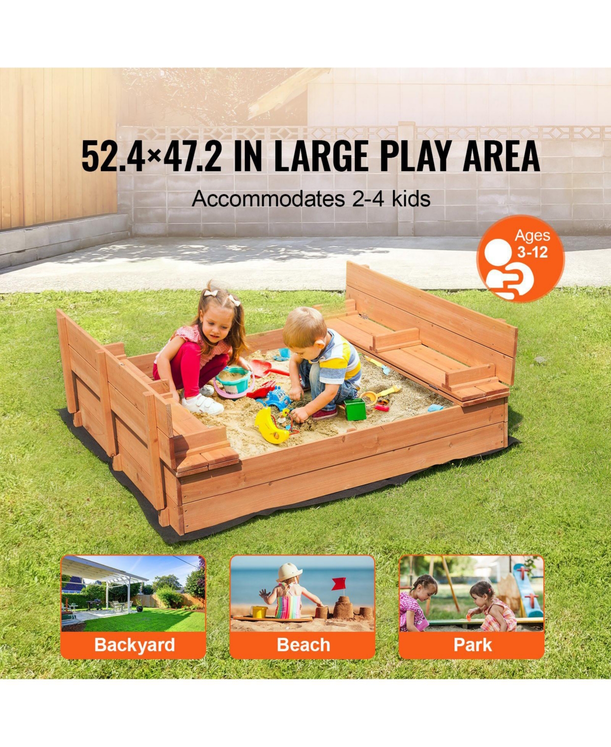 Mecale Wooden Sandbox, 52.4" x 47.2" x 16.9", Foldable Bench Seats & Bottom Liner, Ages 3-12