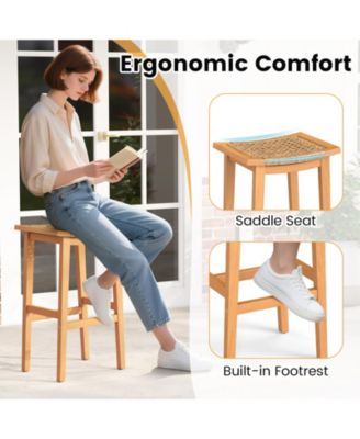 Set of 2 Outdoor Acacia Wood Bar Stools with Rattan Seats