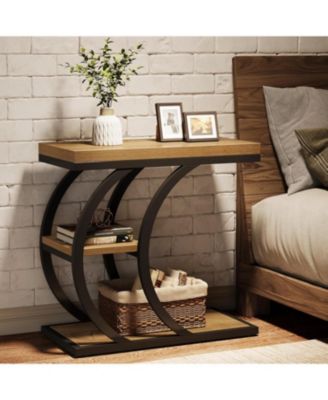 End Table for Living Room, 3-Tier Narrow Wood Couch C-Shaped Side Table with Storage, Industrial Nightstand