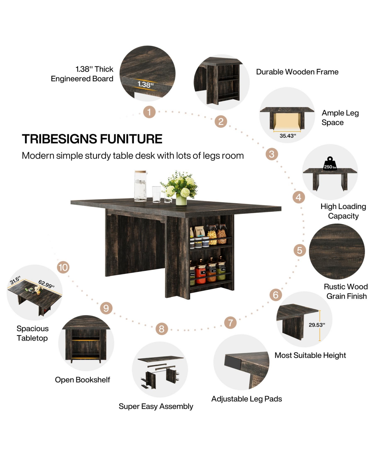 Tribesigns Farmhouse Dining Table for 6 to 8, 63-Inch Rectangular Wooden Kitchen with Storage, Industrial Dinner Shelves