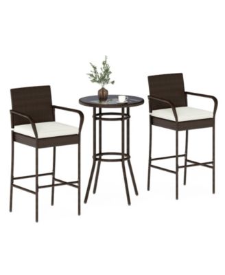 Outdoor Rattan Bar Table Set with 2 Cushioned Chairs
