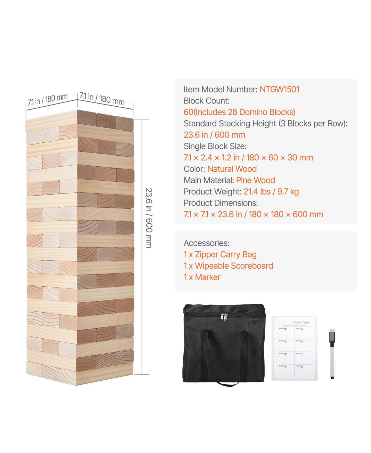 Детские игрушки HONGGE Giant Wooden Tumbling Tower Game with Domino Blocks, 60 Pieces, Ages 3+, цвет: Натуральный — фото 5