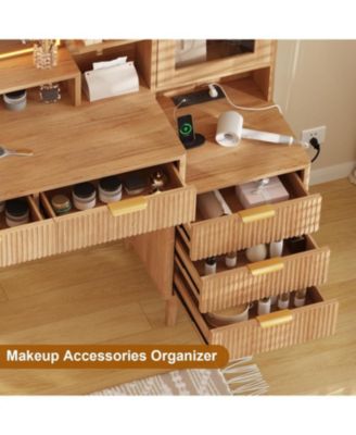 5 Drawer Makeup Vanity Desk Lights & Power Outlet, Modern Fluted Design for Bedrooms, Apartments, Easy to Assemble