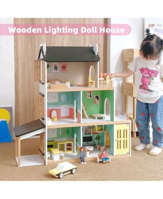 Light-Up Dollhouse for Girls, 3-Story Wooden House with Balcony & Furniture