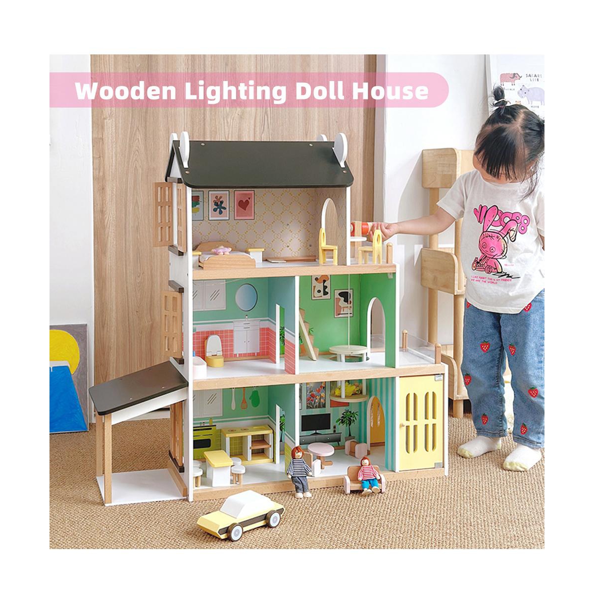 Bruce & Shark Light-Up Dollhouse for Girls, 3-Story Wooden House with Balcony & Furniture