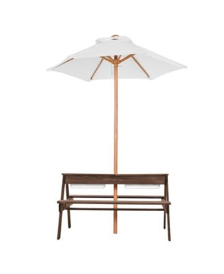 Kids Picnic Table with Umbrella, 3-in-1 Sand and Water Table, Wooden Table and Bench Set with 2 Trays, Seats 4