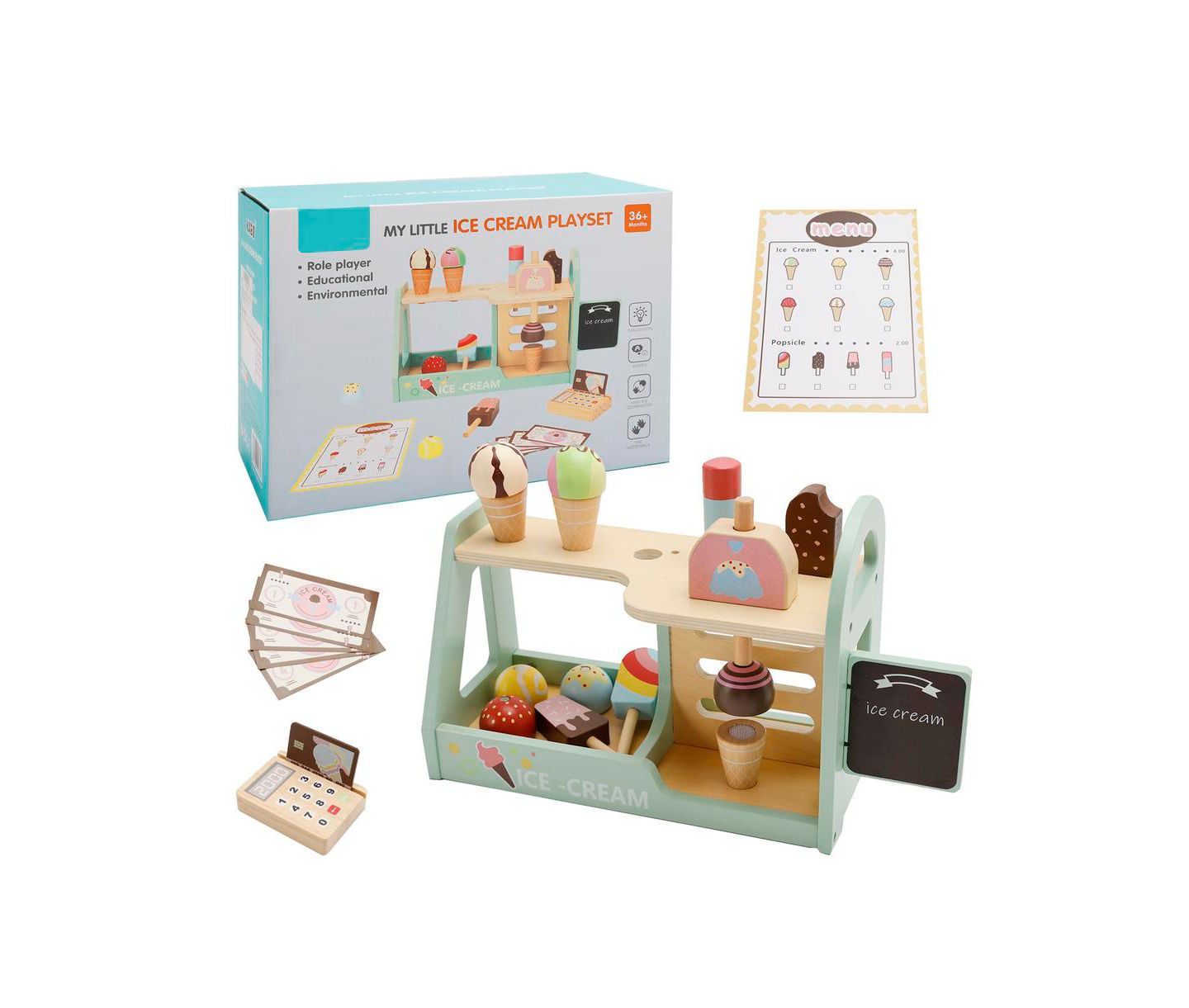 Детский игровой набор Bruce & Shark Ice Cream Shop Wooden Playset, Ages 3+, цвет: Зелёный — фото 2