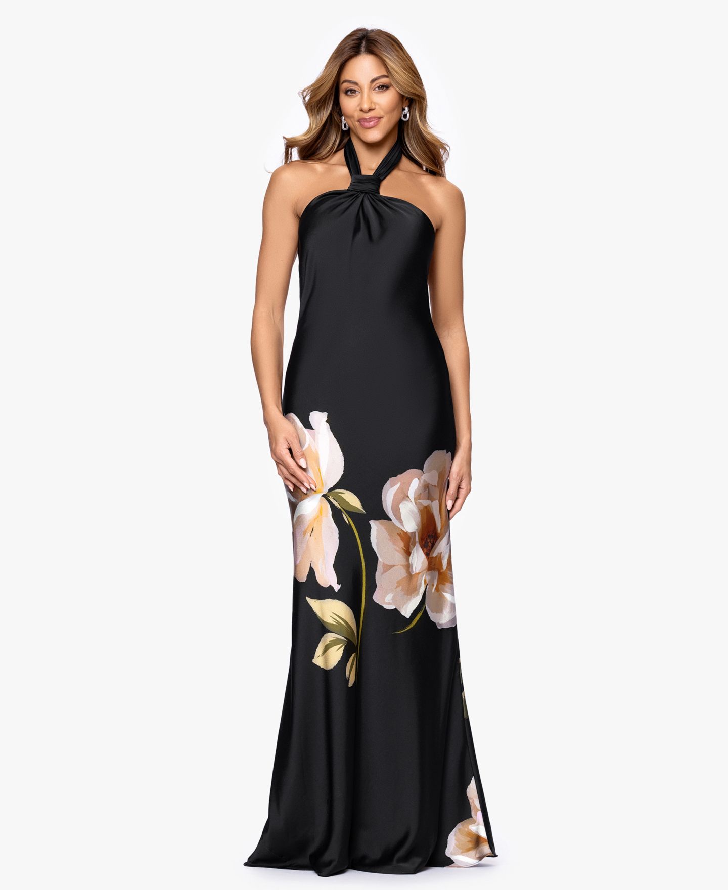 Женское платье Betsy & Adam Printed Halter Neck Gown, цвет: Чёрный серо-коричневый — фото 1