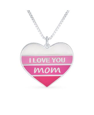 Pink Stripe Heart Words I love You Mom Heart Necklace Pendant Sterling Silver