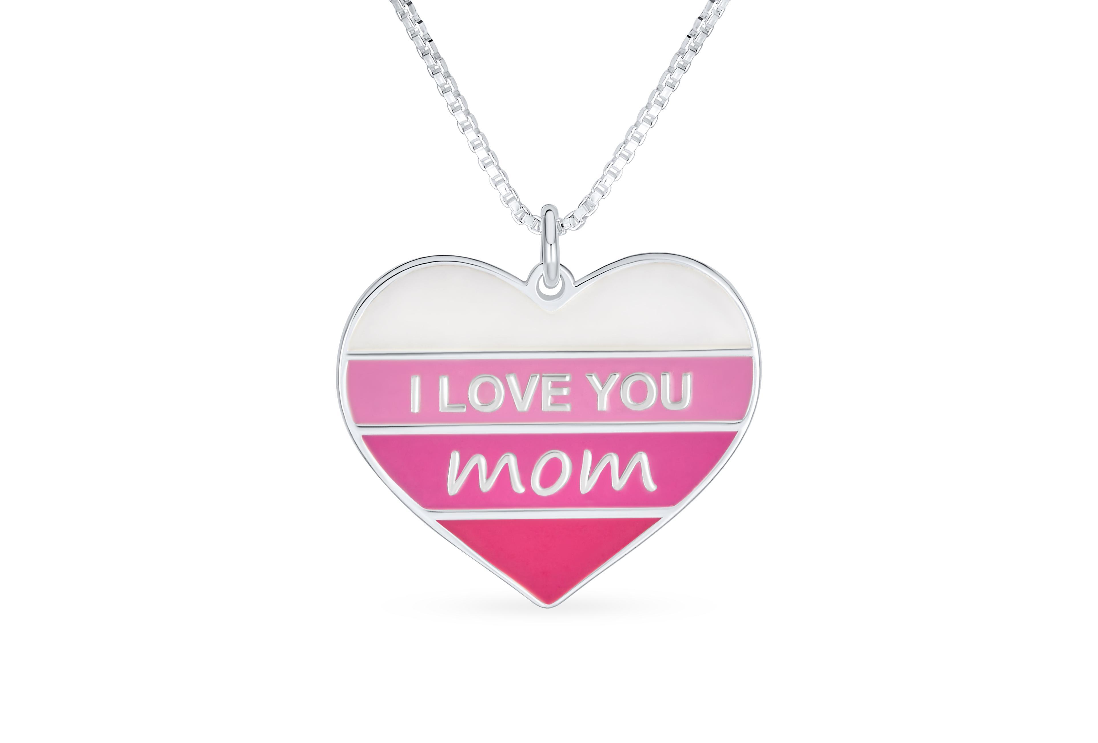 Bling Jewelry Pink Stripe Heart Words I love You Mom Heart Necklace Pendant .925 Sterling Silver
