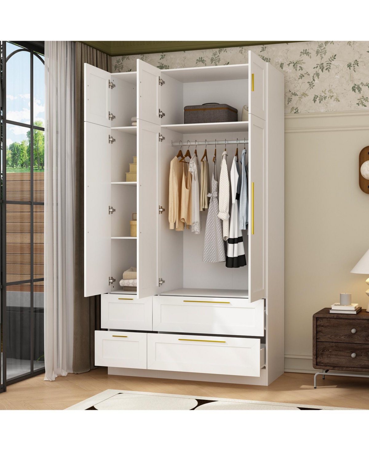 Homsee Wardrobe with Top Cabinet and Mirror, Bedroom Closet, Armoire,
