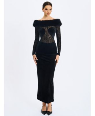 Women's Alexis Black Animal Print Fur Boatneck Maxi Dress
