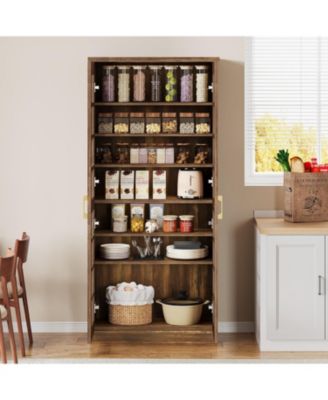 71" Tall Kitchen Pantry Cabinet with Doors and Adjustable Shelves, Modern Rustic Storage Cabinet Wooden Cupboard, Brown