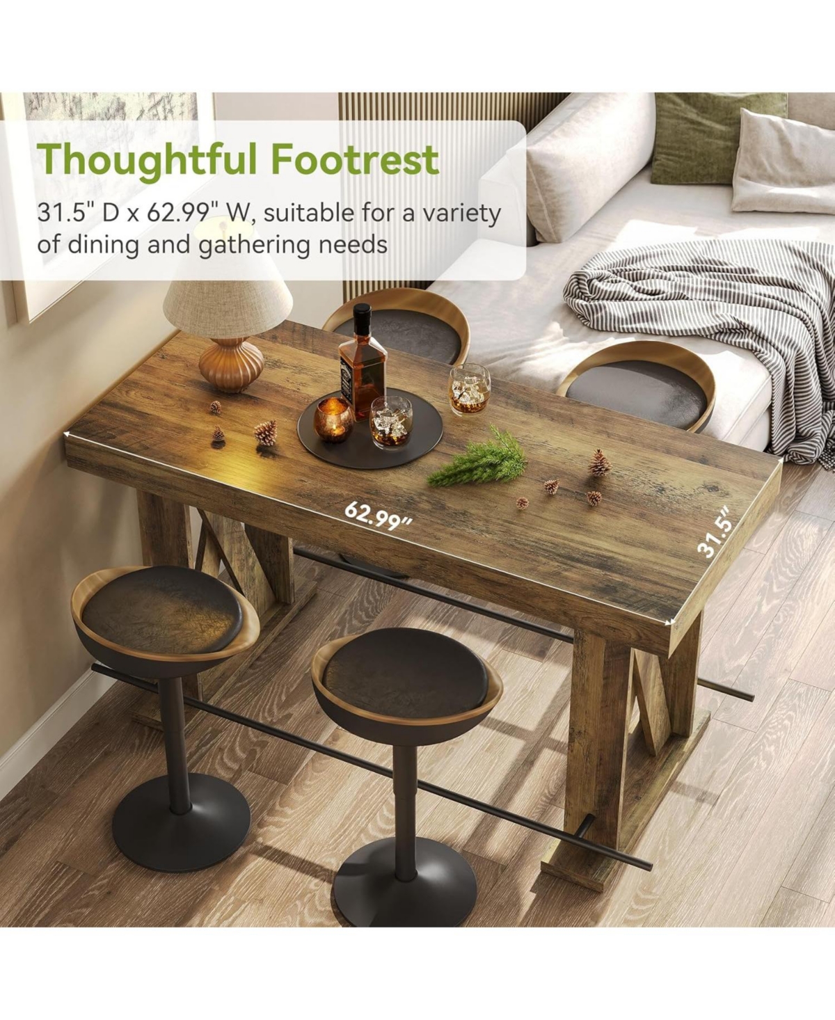 Tribesigns 63-Inch Industrial Bar Table with Metal Footrest Set of 2, Kitchen Pub Table with Sturdy and Heavy Duty X-Base