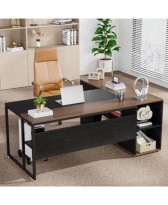 71 inch Executive Desk, L Shaped Desk with Cabinet Storage, Executive Office Desk with Shelves, Business Furniture Workstation