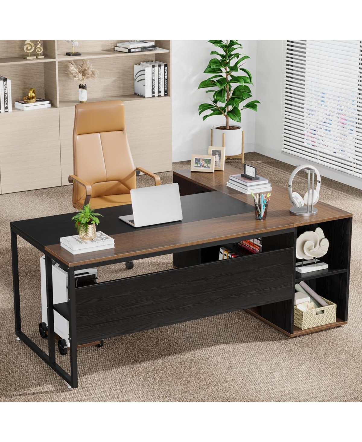 Tribesigns 71 inch Executive Desk, L Shaped Desk with Cabinet Storage, Executive Office Desk with Shelves, Business Furniture Workstation
