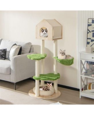 55" Tall Multi-level Cat Tower with Scratching Posts and Soft Cat Bed in Green