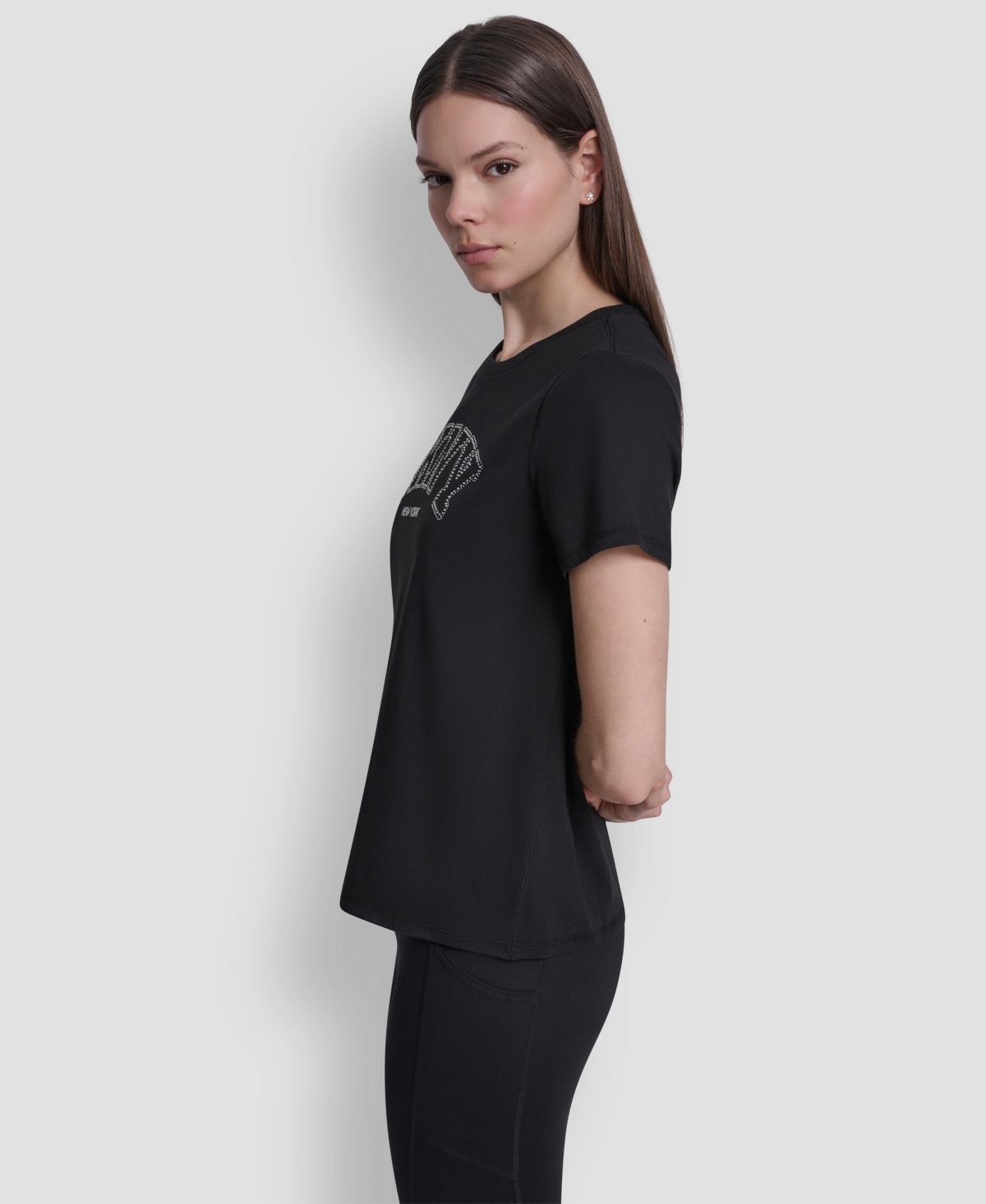Dkny Sport Women's Rhinestone Varsity Logo Relaxed Fit Pull-On T-Shirt