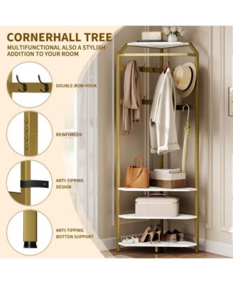 Corner Coat Rack With Shoe Bench and 6 Double Hooks, Corner Hall Tree - Clothes Rack With Storage Hall Tree With Organizer Shelf