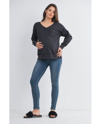 Maternity V Neck Long Sleeve Front Pocket Sweatshirt