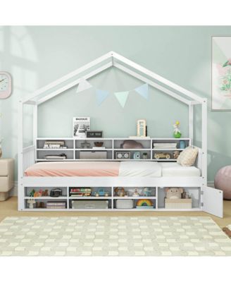 Twin Size House Bed Wooden Platform Bed Frame with Roof & 14 Storage Cubes