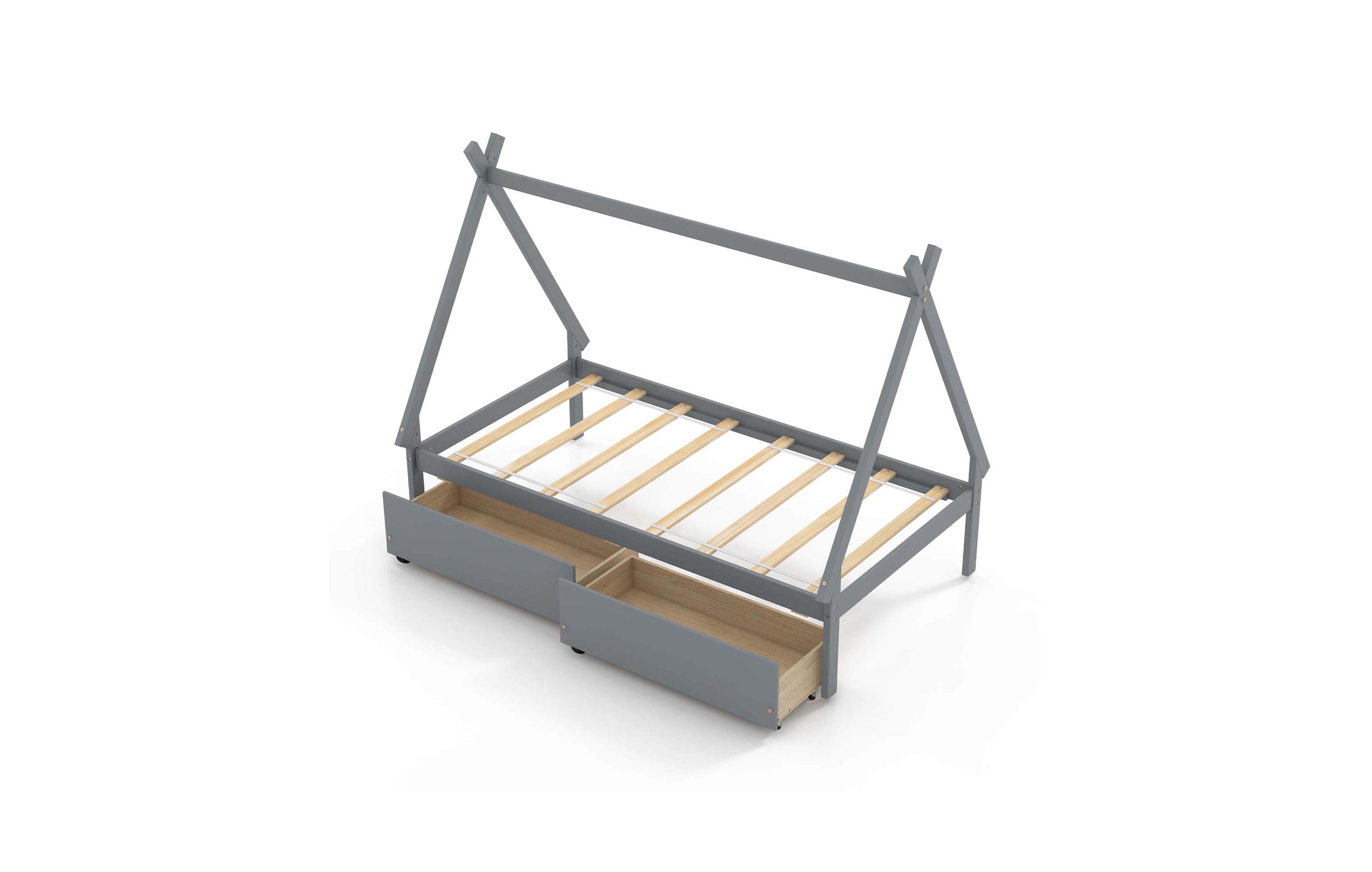 Costway Twin Wooden House Bed with 2 Drawers Roof Storage for Boys & Girls