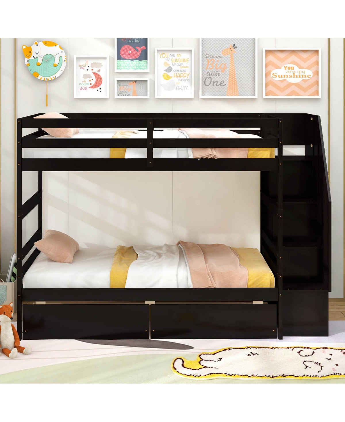 Costway Twin Over Twin Bunk Bed with Storage Stairs & Drawers Full-length Guardrails
