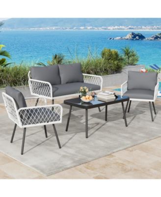 Patio Furniture Set, 2 PE Wicker Chairs with loveseat & Glass Top Coffee Table, Outdoor Couch Set with 5mm Cushions for Balcony