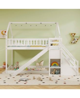 Twin Over Twin Bunk Bed with Slide & Staircase with Storage Compartments