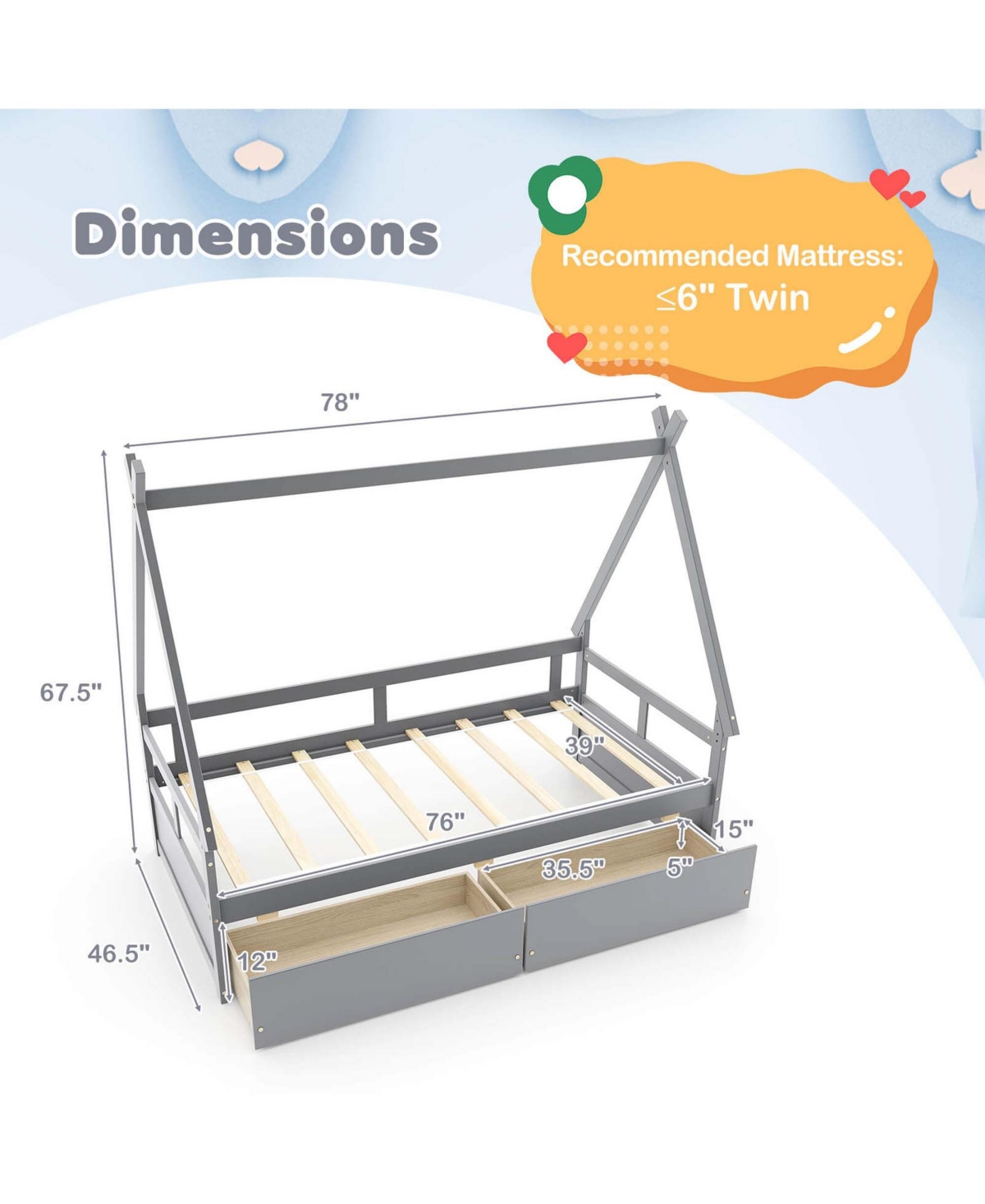Costway Twin House Bed with Roof Safety Guardrail 2 Storage Drawers Wood Slat Support