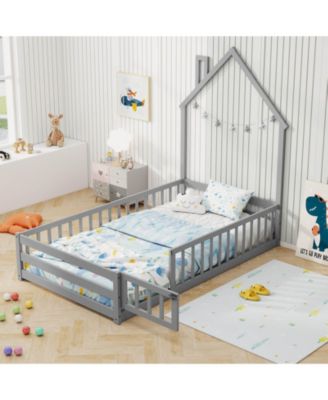 Twin Size Montessori Floor Bed for Toddler with Lockable Door Full-Length Guardrail