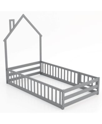 Twin Size Montessori Floor Bed for Toddler with Lockable Door Full-Length Guardrail