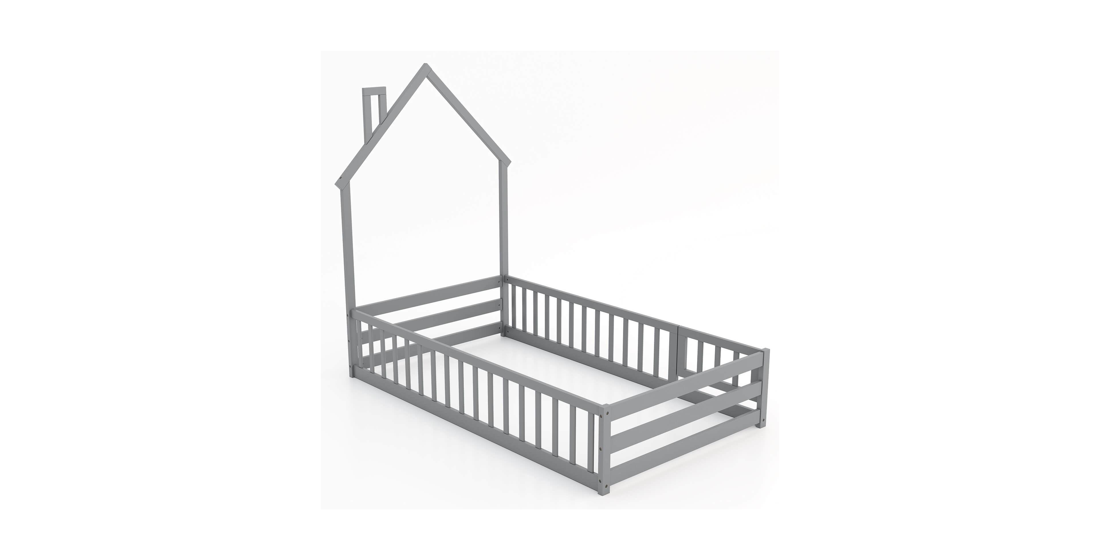 Costway Twin Montessori Floor Bed for Toddler with Lockable Door Full-Length Guardrail