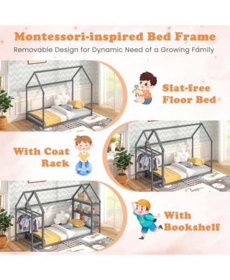 Twin Size House Bed Montessori Floor Bed with Detachable Storage Shelves