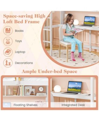Twin Size Loft Bed with Desk & Shelves Safety Guardrails & Ladder Storage