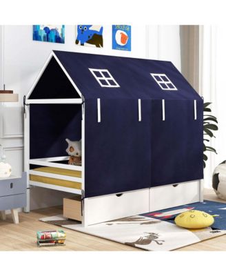 Twin House Bed Solid Wood Playhouse Bed Low Loft Bed with Tent 2 Storage Drawers