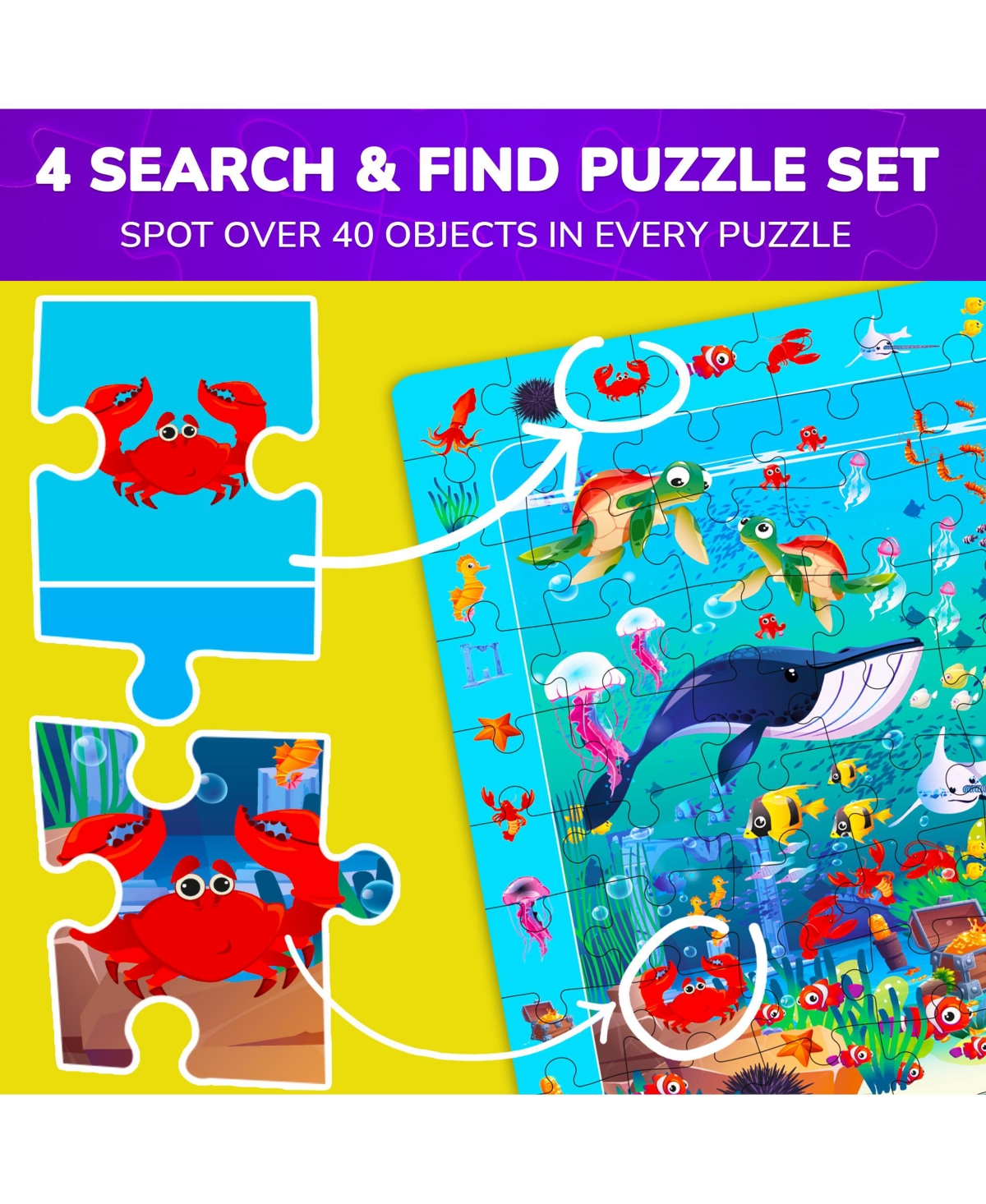 Quokka 4xSET 100 Piece Puzzles for Kids Ages 4-6 – Search and Find Artist-Crafted Illustrations
