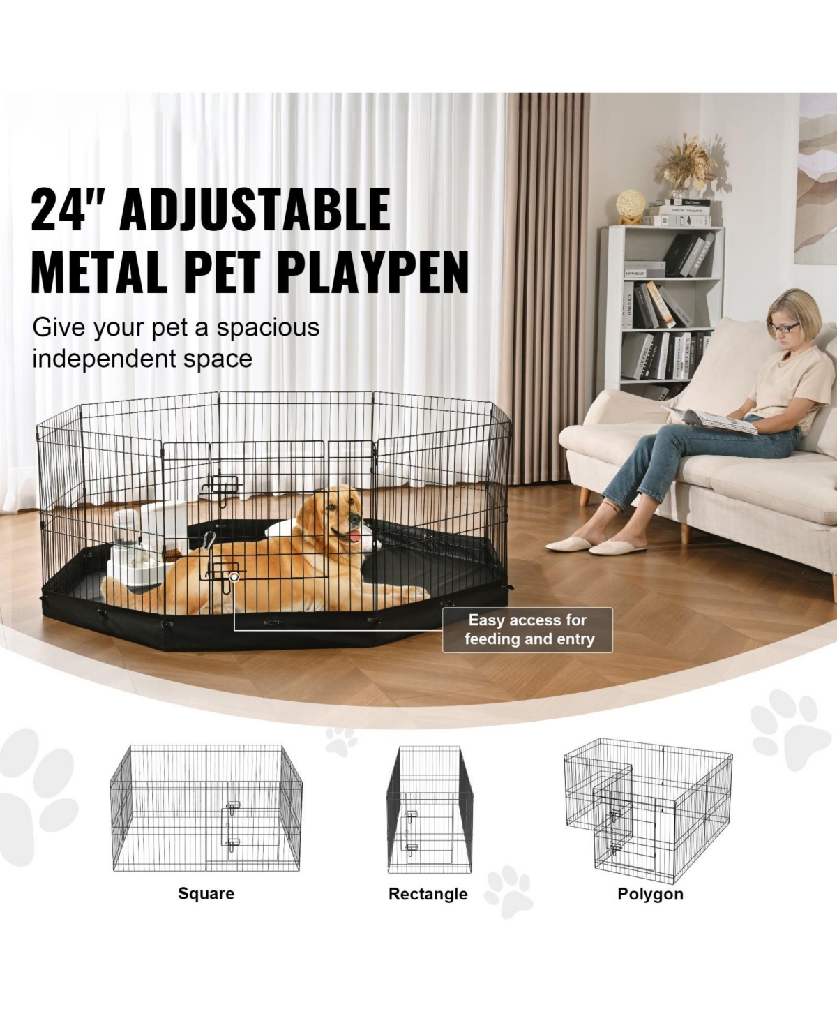Dog Playpen, 8-Panel Foldable Metal Exercise Pen w/ Bottom Pad, 24 in H, Puppy Fence w/ Ground Stakes, Indoor/Outdoor