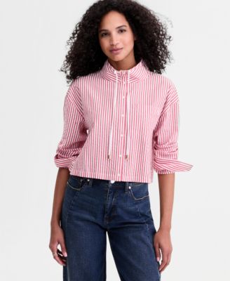 Women's Cropped Drawstring Button-Front Shirt