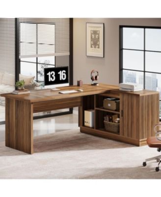 70.8-Inch Fluted Executive Desk with File Cabinet, L-Shaped Office Desk with Storage Shelves, Large Modern Computer Desk