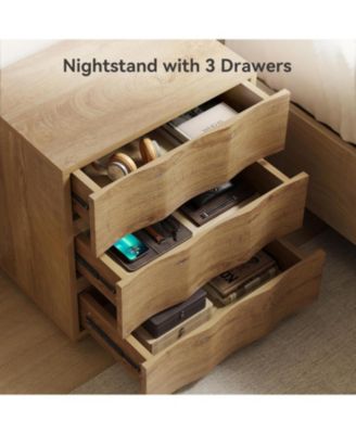 Fluted Nightstand Set of 2, Side Table with 3 Drawers, Farmhouse Bedside Table, Wood Nightstand, Bedroom Dresser, Rustic Wood End Table