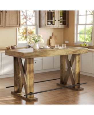 63-Inch Industrial Bar Table with Metal Footrest, Kitchen Pub Table with Sturdy and Heavy Duty X-Base