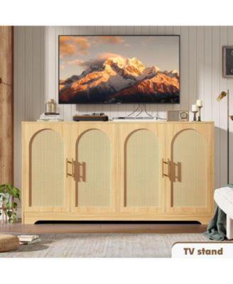 59” Sideboard Buffet Cabinet, Large Credenza Storage with 4 Rattan Doors