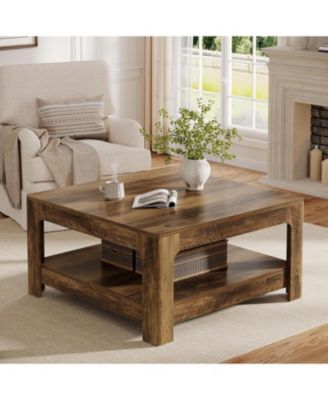 Square Coffee Table for Living Room, 39.4-Inch Large Farmhouse Wooden Center Tea Accent Table with 2-Tier Storage, Rustic Brown